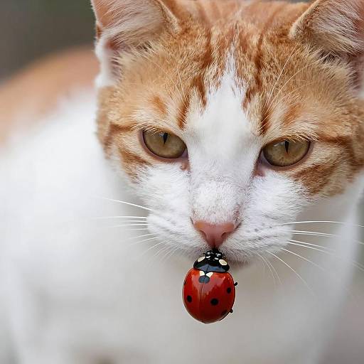 Tabby Cat with Ladybug Close-Up
