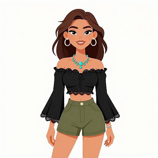 Digital illustration of a smiling woman with brown hair, wearing a black off-shoulder crop top, green shorts, turquoise necklace, and hoop earrings.