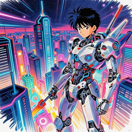 Digital anime-style drawing of a black-haired, futuristic mecha pilot with white and black armor, holding a glowing weapon, standing in a neon-lit