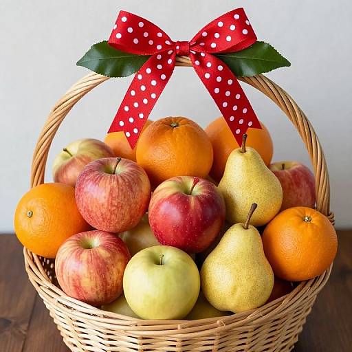 Photograph of a wicker basket filled with red and green apples, yellow pears, and oranges, topped with a red polka-dotted bow