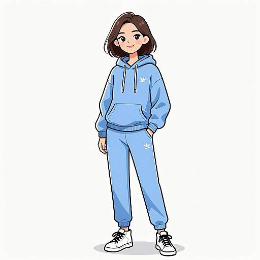 Digital anime-style drawing of a young woman with medium-length brown hair, wearing a light blue hoodie and matching joggers, white sneakers, standing against a