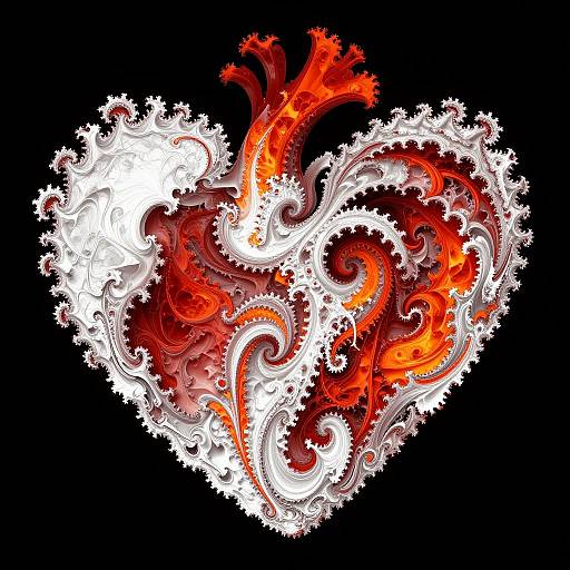 Digital artwork of an intricate, fiery heart shape blending white and red swirling patterns against a black background, resembling flame textures.