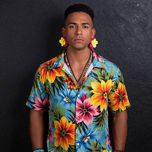 Confident Male Model in Floral Hawaiian Shirt