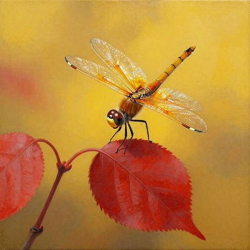 Golden Dragonfly on Red Cherry Leaf