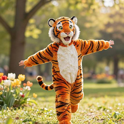 Photograph of a joyful, cartoon-style tiger costume-wearing child with orange and black stripes, white belly, and outstretched arms, running in