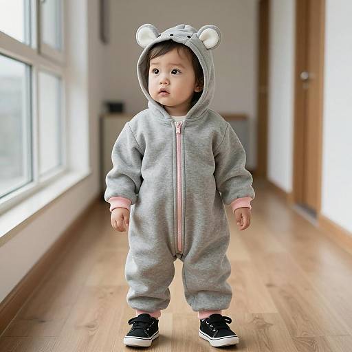 Toddler in Grey Bear Onesie Standing Indoors