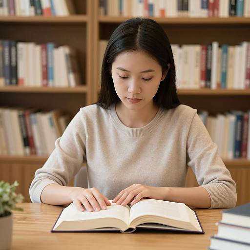 Photograph of an Asian woman with long black hair, wearing a beige sweater, reading an open book at a wooden table, surrounded by a bookshelf
