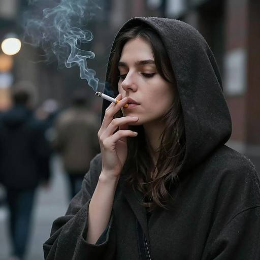 Woman in Dark Hood Smoking Cigarette
