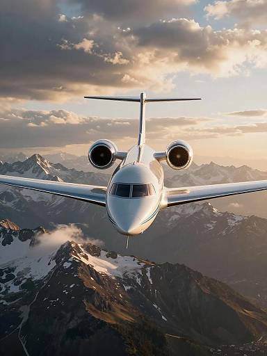 Silver Business Jet Over Mountain Peaks