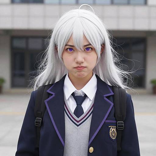 Young Woman with White Hair in Stylish School Uniform