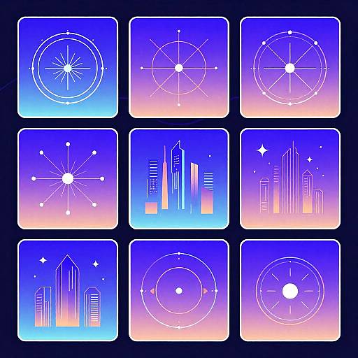 Digital illustration of nine square icons with gradient blue to pink backgrounds, featuring white geometric cityscape and celestial designs.