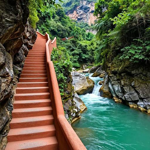 Photograph of a red stone staircase descending into a lush, green canyon with a turquoise river flowing between rocky cliffs.