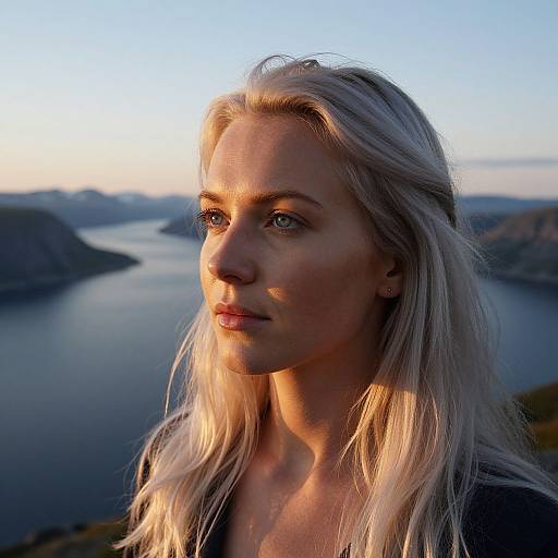 Photograph of a blonde woman with light skin, blue eyes, and wavy hair, gazing contemplatively at a serene, sunlit coastal landscape