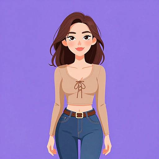 Digital anime-style illustration of a smiling woman with long brown hair, wearing a beige long-sleeve top and blue jeans, against a solid purple background