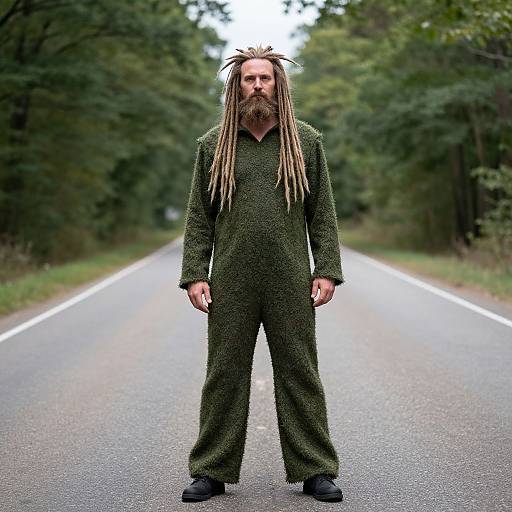 Photograph of a man with long dreadlocks, wearing a textured green onesie, standing on a deserted, tree-lined road.