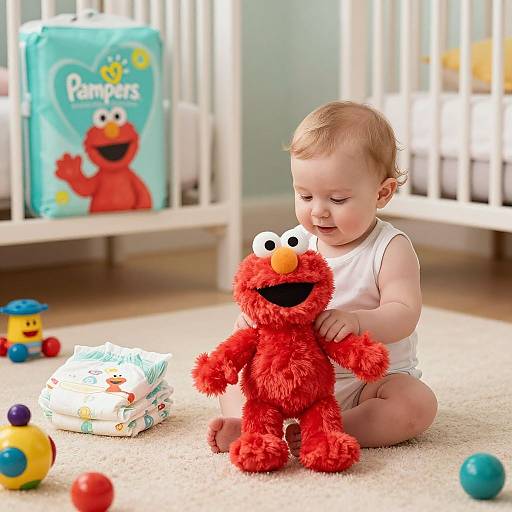 Photograph of a smiling baby in a white onesie sitting on a carpet, playing with a red Sesame Street Elmo toy, surrounded by colorful