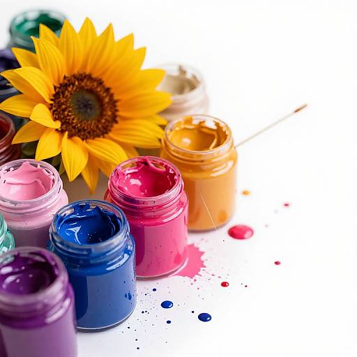 Bright photograph of colorful paint jars (blue, pink, red, orange) with a large sunflower in the background, splattered paint on white surface