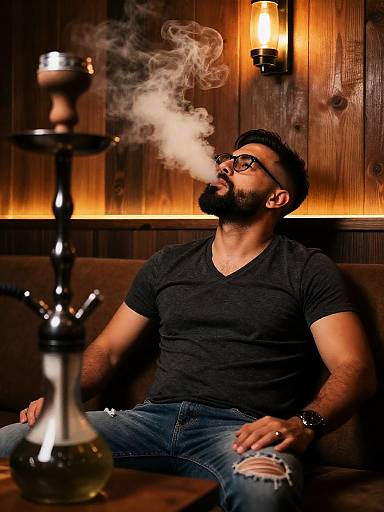 Bearded Man Lounging in Hookah Bar
