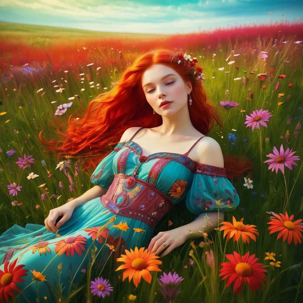 Crimson-Haired Goddess in Surreal Fields