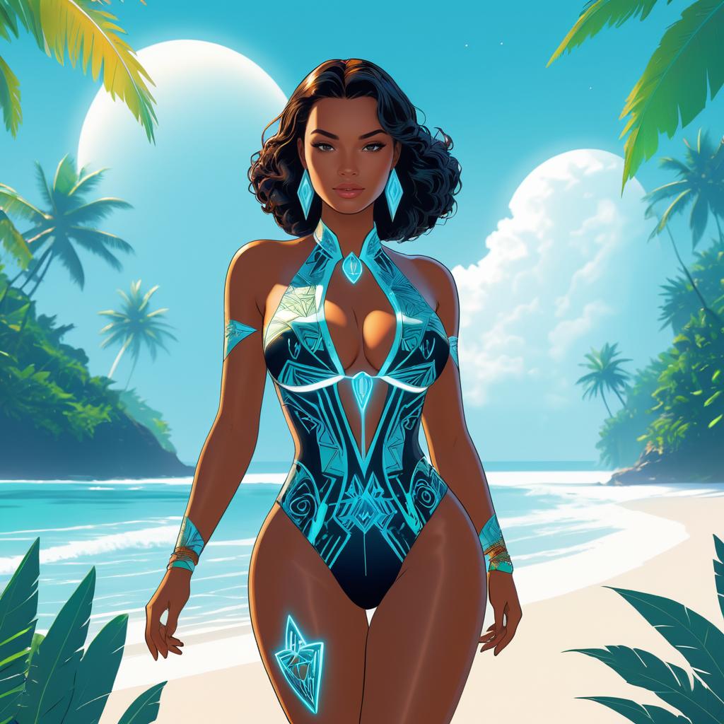 Futuristic Beach Babe with Mystical Runes