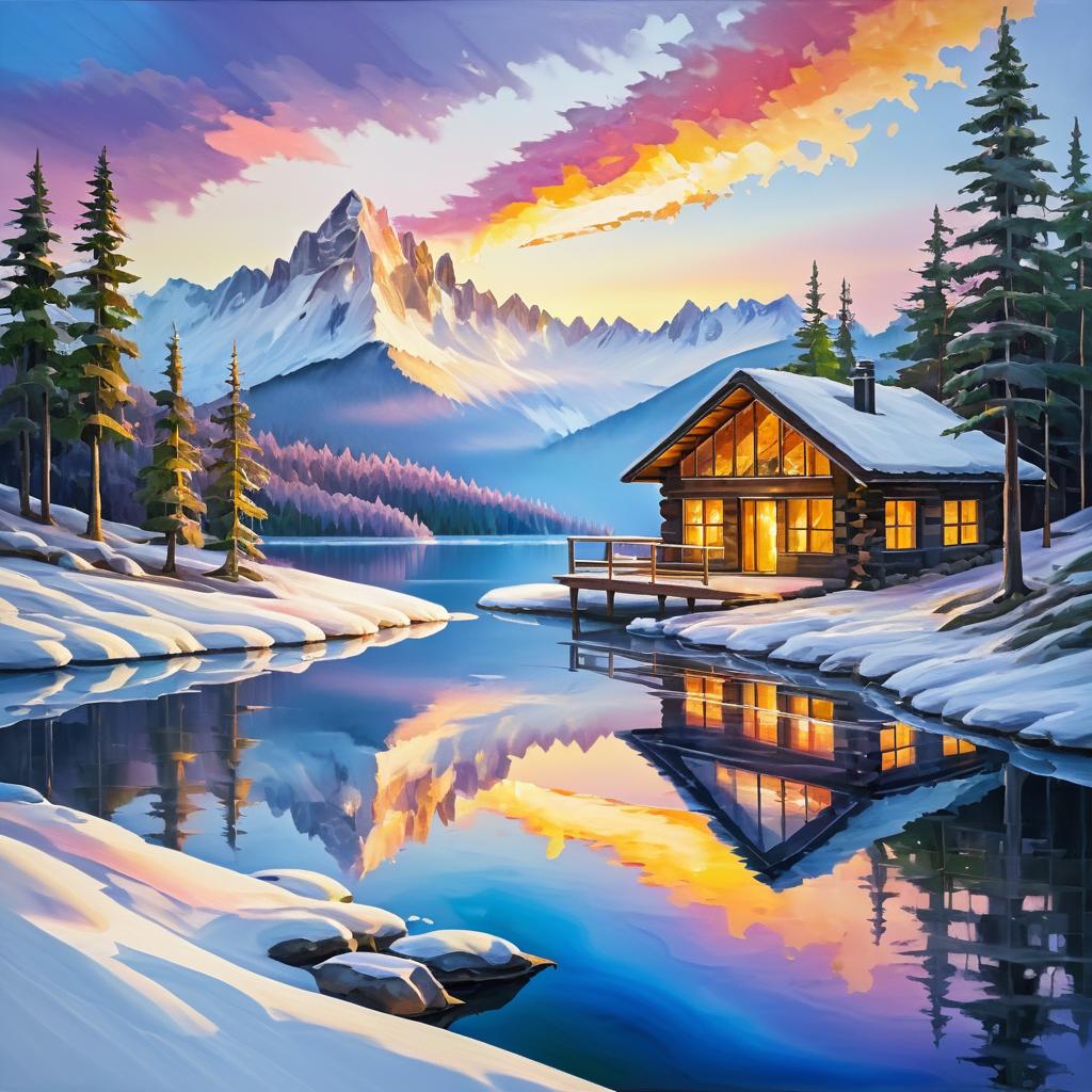 Romantic Snowy Mountain Landscape Painting