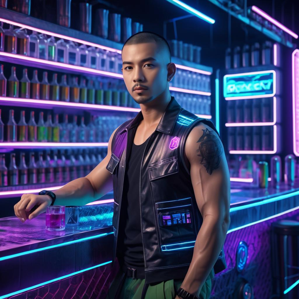 Neon Cyberpunk Bartender in Futuristic Bar