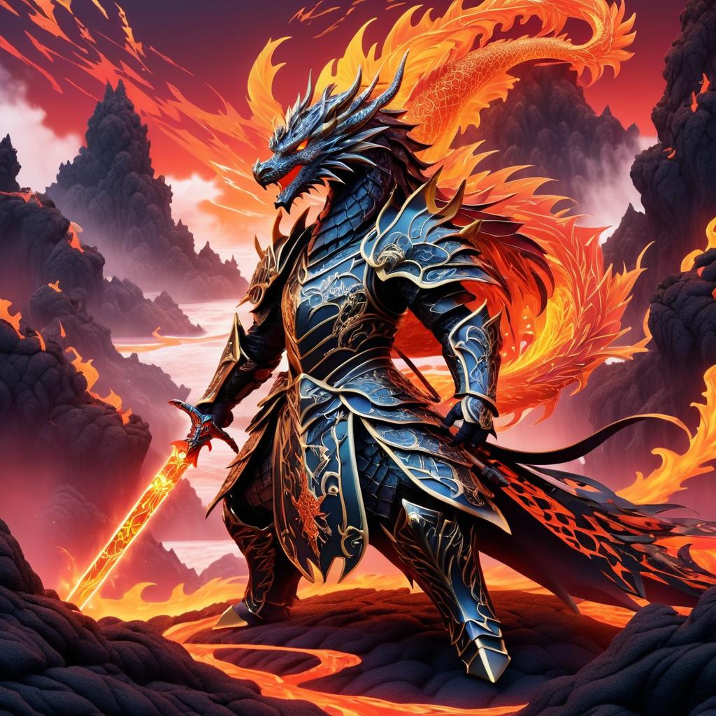 Fierce Dragon with Magical Sword in Lava