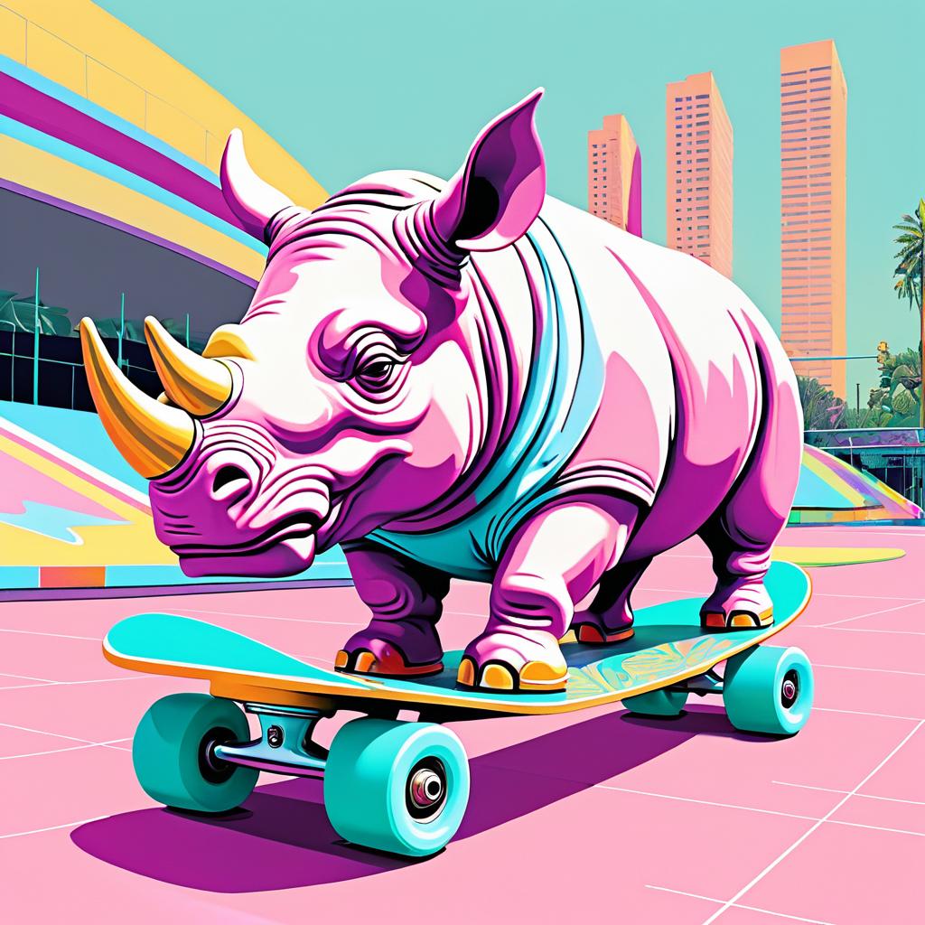 Whimsical Skateboarding Rhino in Pastels