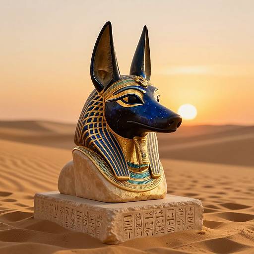 Photograph of an Anubis-style Egyptian head statue with black and gold accents, adorned with a turquoise striped collar, placed on an inscribed stone