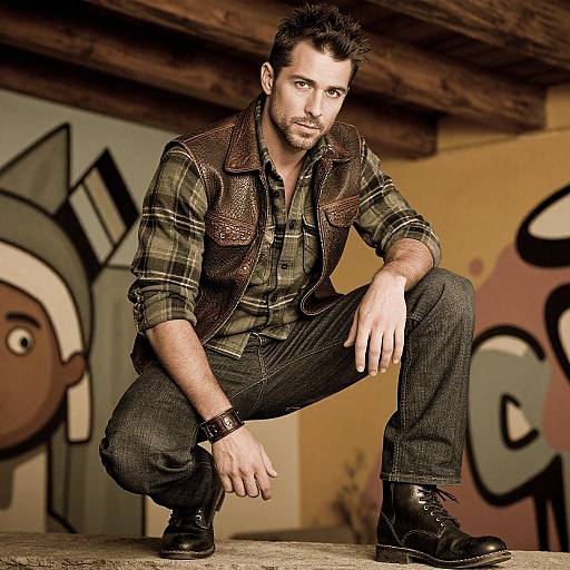 Photograph of a ruggedly handsome man with dark hair and beard, wearing a plaid shirt, brown vest, and dark jeans, squatting in