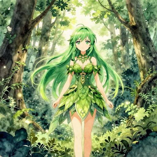 Digital anime-style artwork of a green-haired, fair-skinned forest nymph with green leaf dress, standing in a sunlit, lush forest.