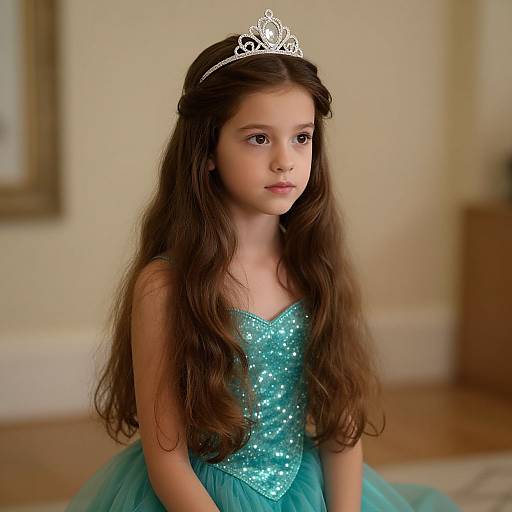 Photograph of a young girl with long, wavy brown hair, wearing a sparkling turquoise dress and a silver tiara, sitting indoors against a blurred