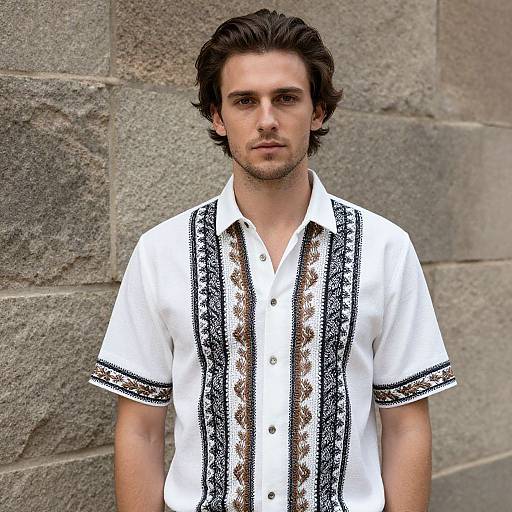 Man in Patterned Shirt by Stone Wall