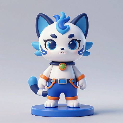 Cute, chibi-style, blue-and-white cat figurine with large eyes, blue accents, orange straps, and a gem on a blue base