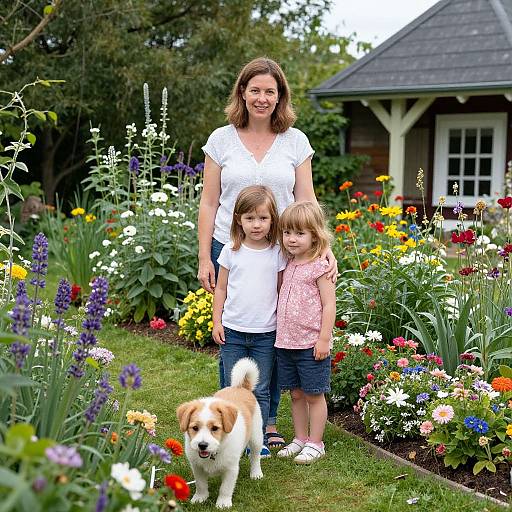 Photograph of a smiling woman in a white top, standing behind two young girls in a colorful garden, with a fluffy dog in front. Background features