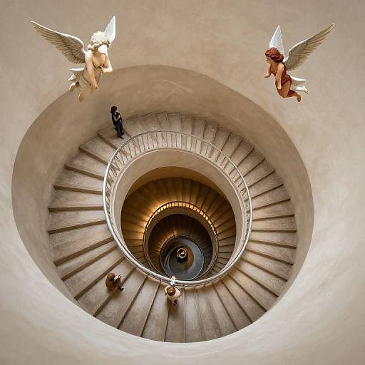 Photograph of a spiraling, circular staircase with three people and two winged cherubs flying above, illuminated by natural light.