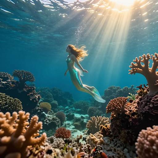 Photograph of a mermaid with long blonde hair, turquoise tail, swimming underwater surrounded by colorful coral reefs, sunlight filtering from above.