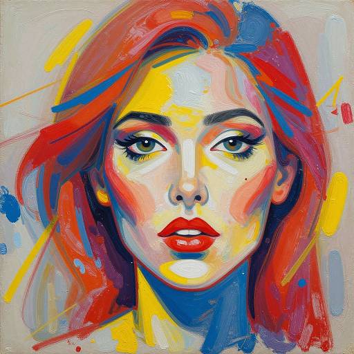 Vivid digital painting of a woman with striking red hair, bold red lips, and intense green eyes, using bright yellow, blue, and red brush