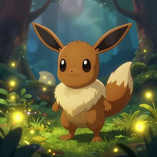 Digital illustration of an Eevee, a brown, fox-like Pokémon with large ears and a fluffy cream-colored neck, standing in a magical forest glowing