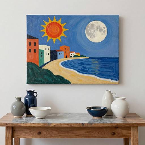 Still Life with Ceramic Vases and Surreal Coastal Painting