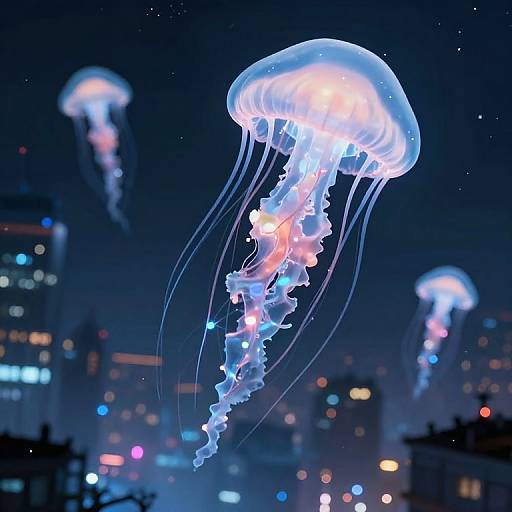 Photograph of glowing blue and pink jellyfish floating in a dark, city-night sky with blurred, colorful building lights in the background.