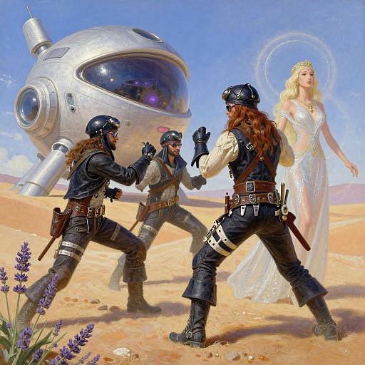Digital artwork: Three armored soldiers in combat stance face a glowing, ethereal blonde woman in a white dress beside a futuristic silver spacecraft in a sunny desert