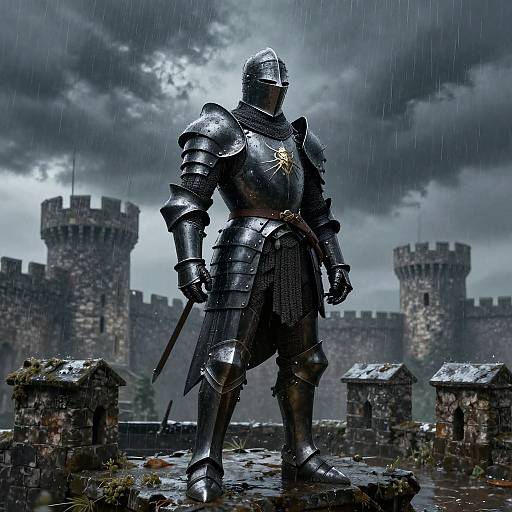Photorealistic CGI of armored knight in rain, standing before medieval castle towers, holding sword, cloudy sky, stone buildings in foreground.
