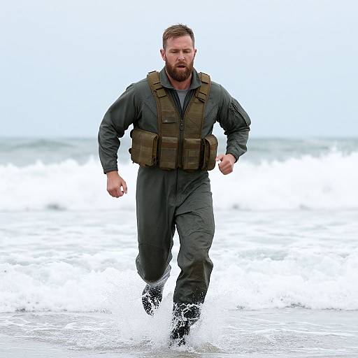 Determined Man Running Through Ocean Waves