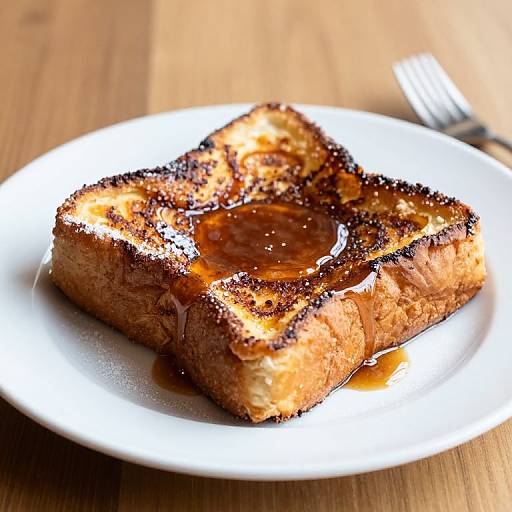 Golden-brown, caramel-glazed bread square on a white plate, with a fork in the blurred background on a wooden table.