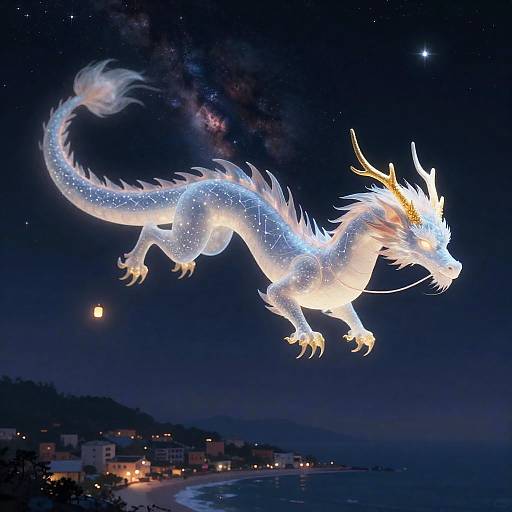 Ethereal Dragon Over Sleeping Coastal City