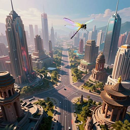 Digital CGI of a futuristic cityscape with towering skyscrapers, colorful dragonfly-like drone, and traditional circular buildings, bathed in sunlight.