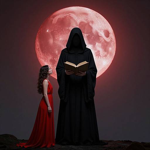 Photograph of a hooded figure in black robes holding a book, standing before a glowing red full moon, with a woman in a red dress g