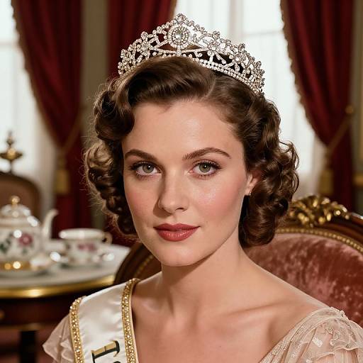 Photograph of a fair-skinned woman with vintage curled brown hair, wearing a silver tiara, white lace dress, and red lipstick, in an