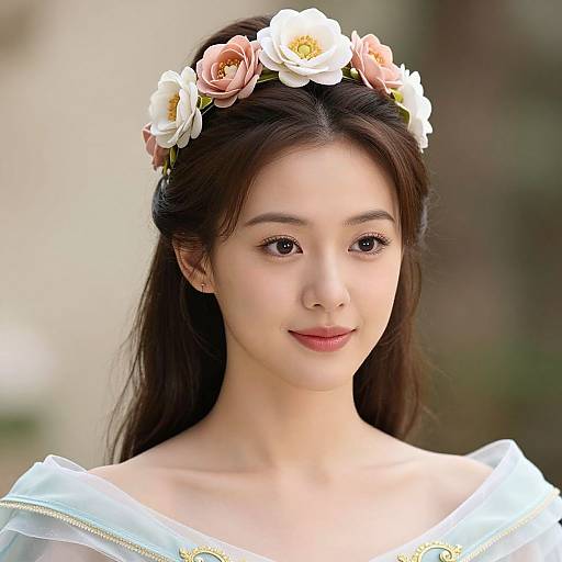 Photograph of an Asian woman with fair skin, long black hair, wearing a white dress and a white rose flower crown, smiling softly, with a